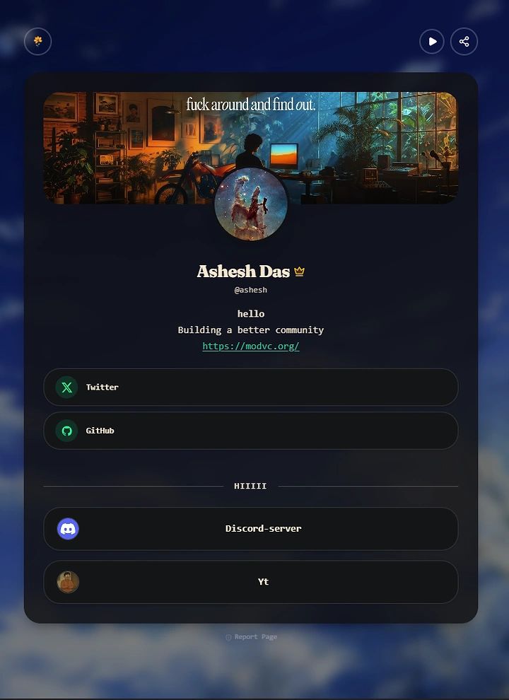Preview of a creator bio page featuring custom wallpaper and social links