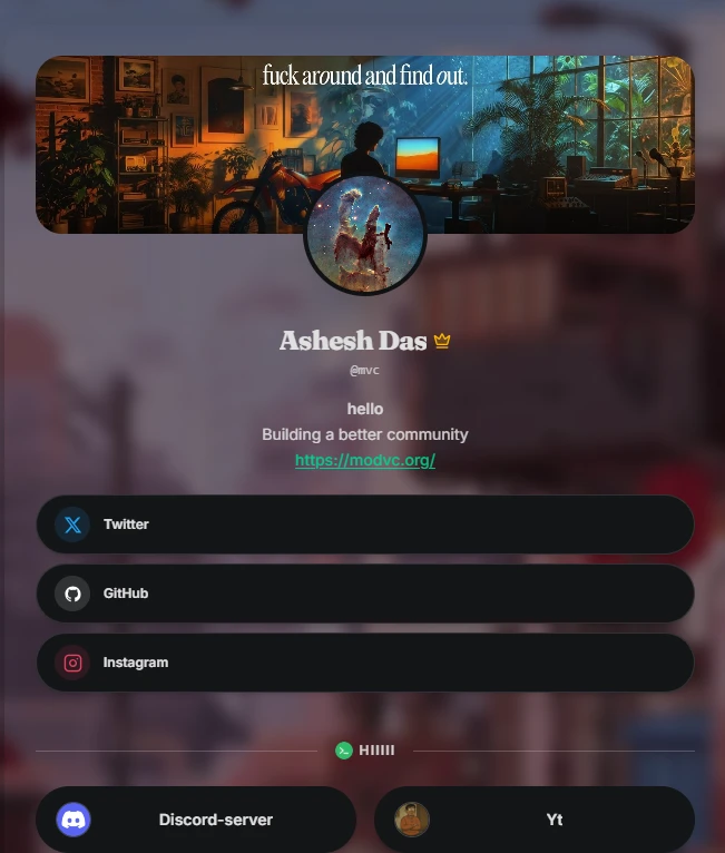 ModVC bio page interface showing links, social icons, and profile header