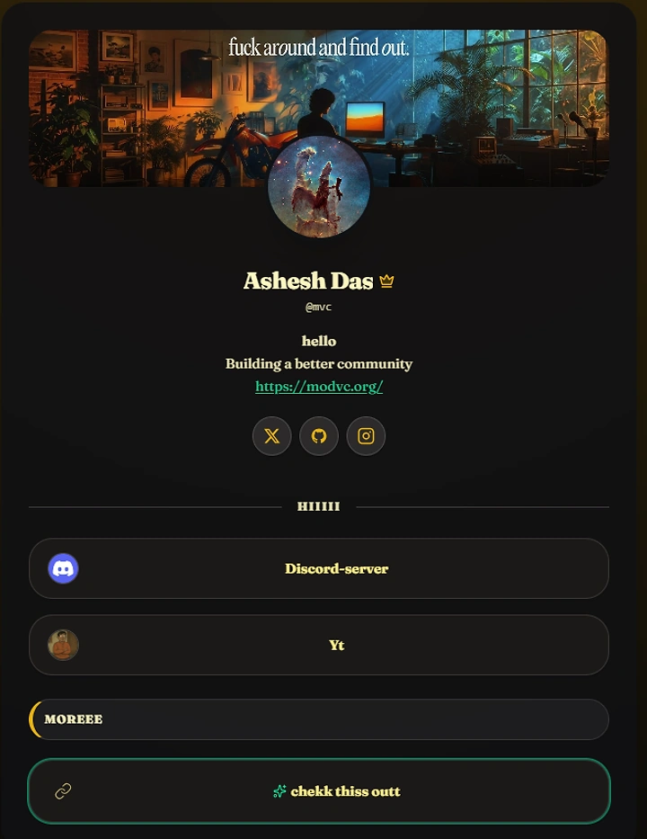 Preview of official ModVC bio page with verified platform links and dark theme