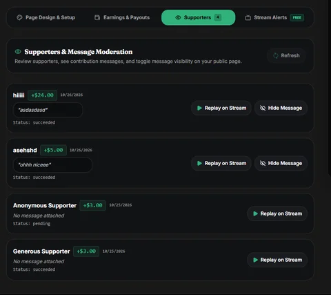 Creator supporters dashboard showing message review and stream replay controls