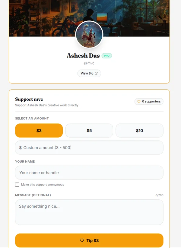 ModVC creator support page showcase with banner and tip card